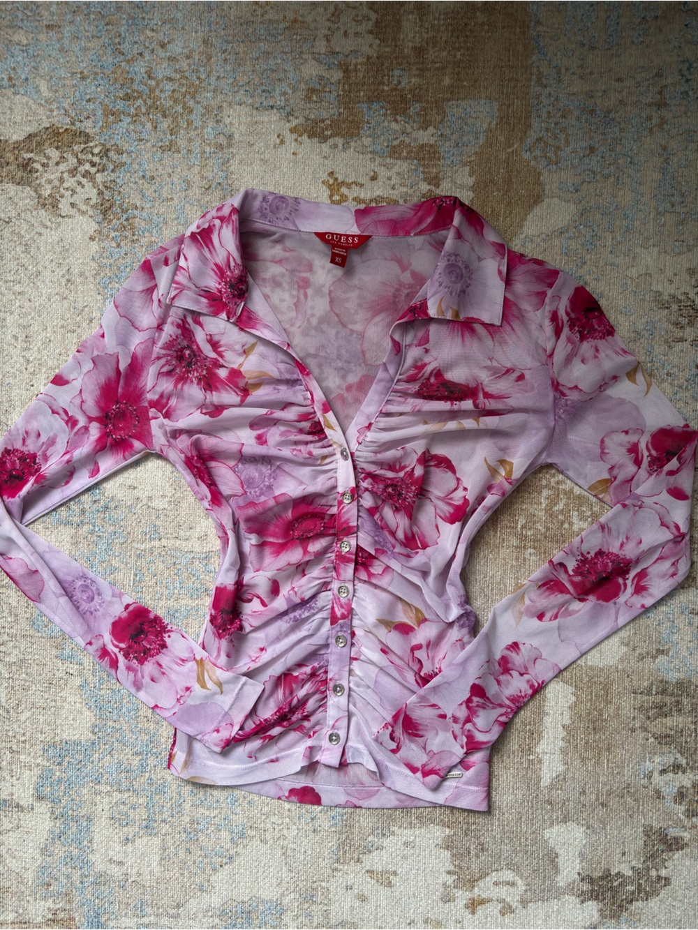 Express Pink Floral Ruched Button-Down Top